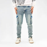 بنطلون كارجو رجالي جينز رباعية 98% قطن 2% ليكرا كحلي فاتح جميع المواسم من إيجي وير جينز - skm02-490-light blue