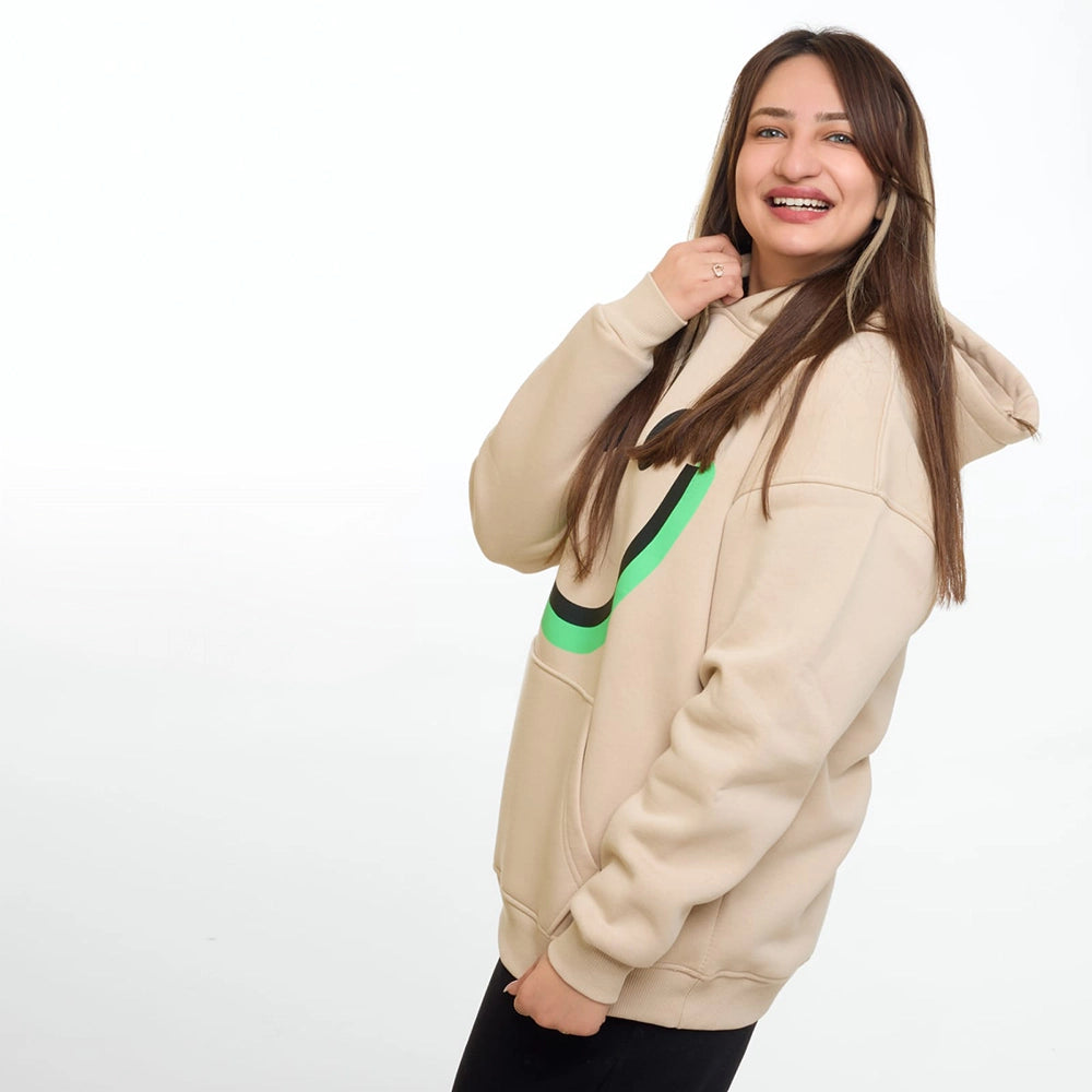سويتشيرت هودي مطبوع حريمى قطن اسفنجي بيج شتوي من اتش - smile-Beige