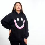 سويتشيرت هودي مطبوع حريمى قطن اسفنجي اسود شتوي من اتش - smile-Black