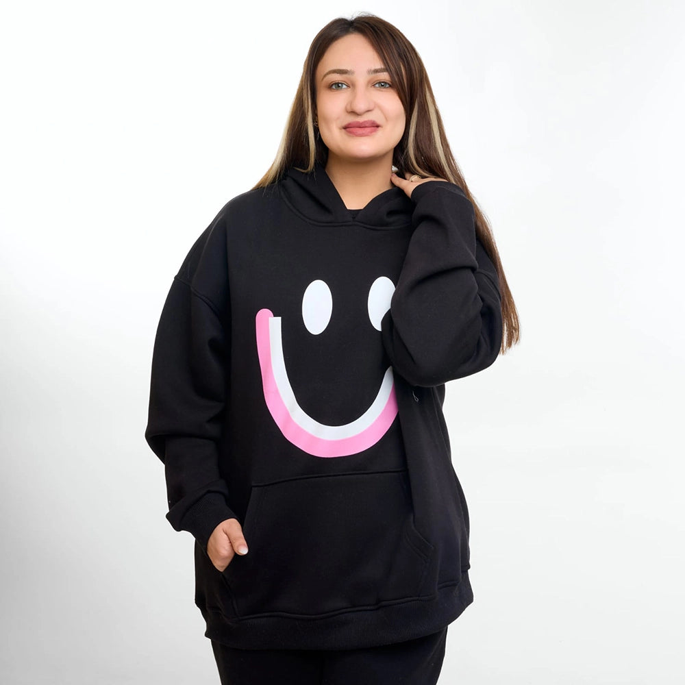 سويتشيرت هودي مطبوع حريمى قطن اسفنجي اسود شتوي من اتش - smile-Black