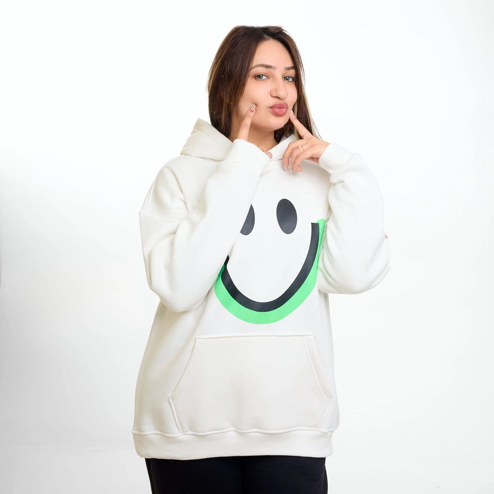 سويتشيرت هودي مطبوع حريمى قطن اسفنجي ابيض شتوي من اتش - smile-White