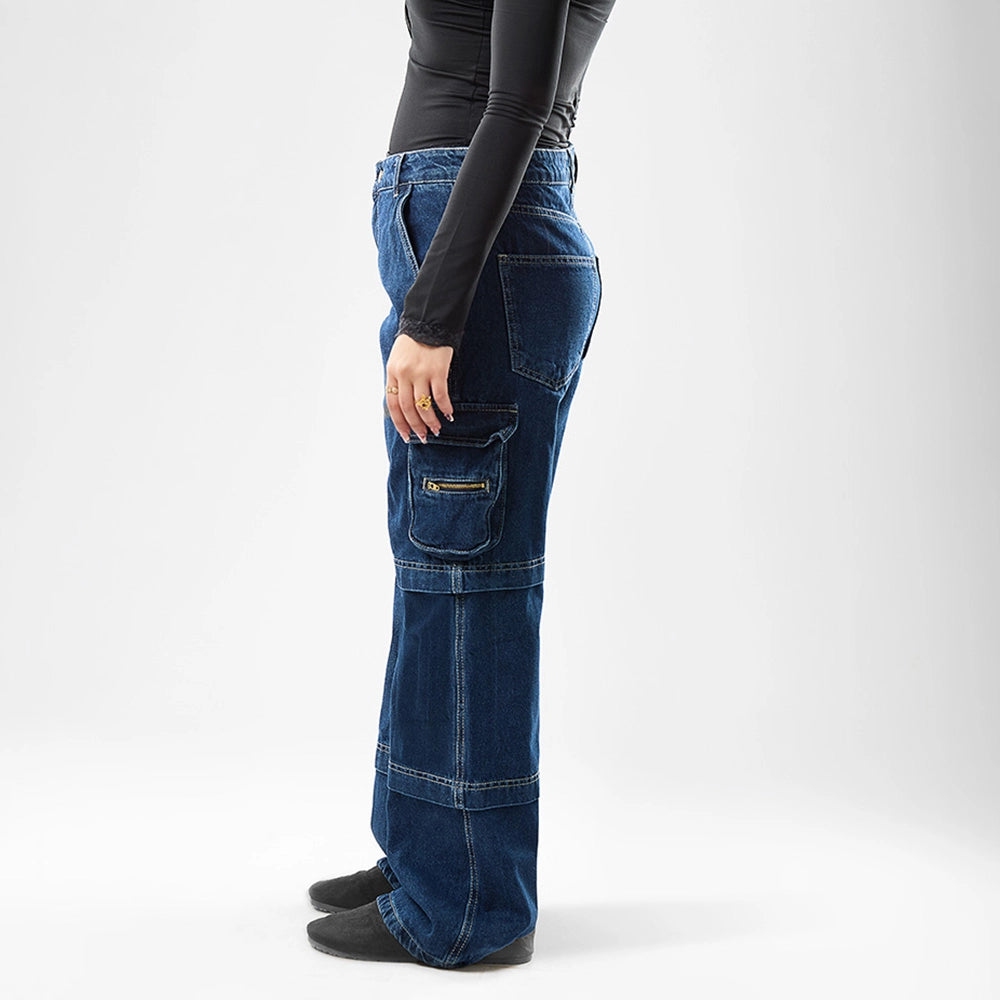 بنطلون وايد ليج حريمي جينز رباعيه قطن 100 % كحلي غامق جميع المواسم من ايجي وير جينز - wlw05-519-dark-blue