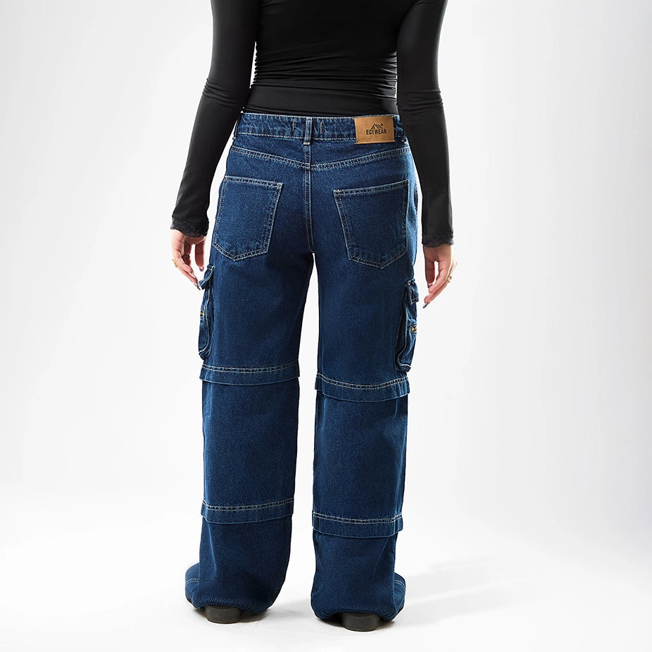 بنطلون وايد ليج حريمي جينز رباعيه قطن 100 % كحلي غامق جميع المواسم من ايجي وير جينز - wlw05-519-dark-blue