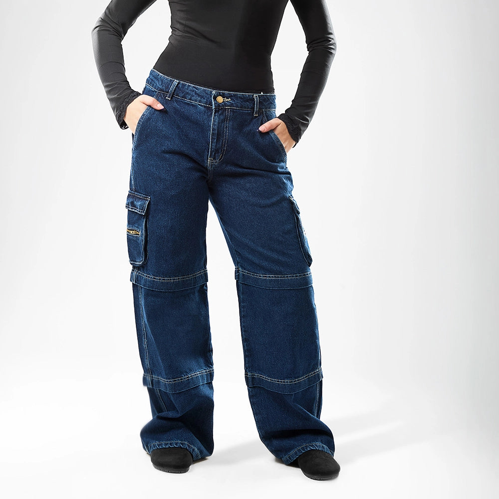 بنطلون وايد ليج حريمي جينز رباعيه قطن 100 % كحلي غامق جميع المواسم من ايجي وير جينز - wlw05-519-dark-blue