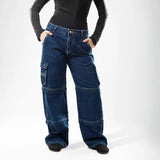 بنطلون وايد ليج حريمي جينز رباعيه قطن 100 % كحلي غامق جميع المواسم من ايجي وير جينز - wlw05-519-dark-blue