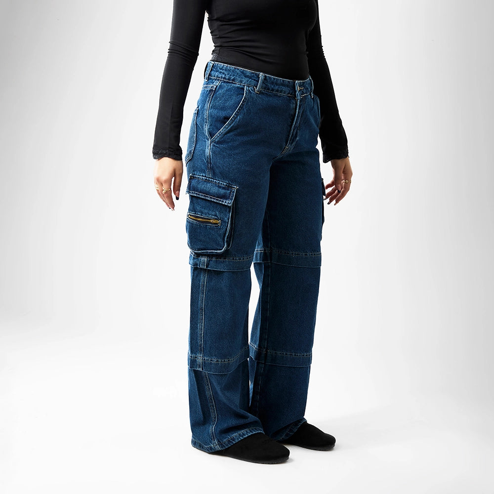 بنطلون وايد ليج حريمي جينز رباعيه قطن 100 % كحلي غامق جميع المواسم من ايجي وير جينز - wlw05-519-dark-blue