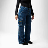 بنطلون وايد ليج حريمي جينز رباعيه قطن 100 % كحلي غامق جميع المواسم من ايجي وير جينز - wlw05-519-dark-blue