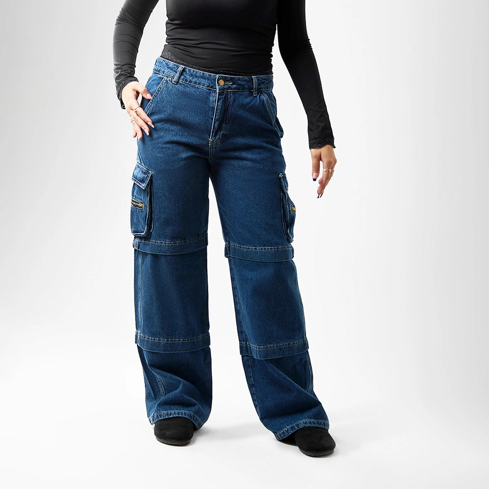 بنطلون وايد ليج حريمي جينز رباعيه قطن 100 % كحلي غامق جميع المواسم من ايجي وير جينز - wlw05-519-dark-blue