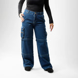 بنطلون وايد ليج حريمي جينز رباعيه قطن 100 % كحلي غامق جميع المواسم من ايجي وير جينز - wlw05-519-dark-blue