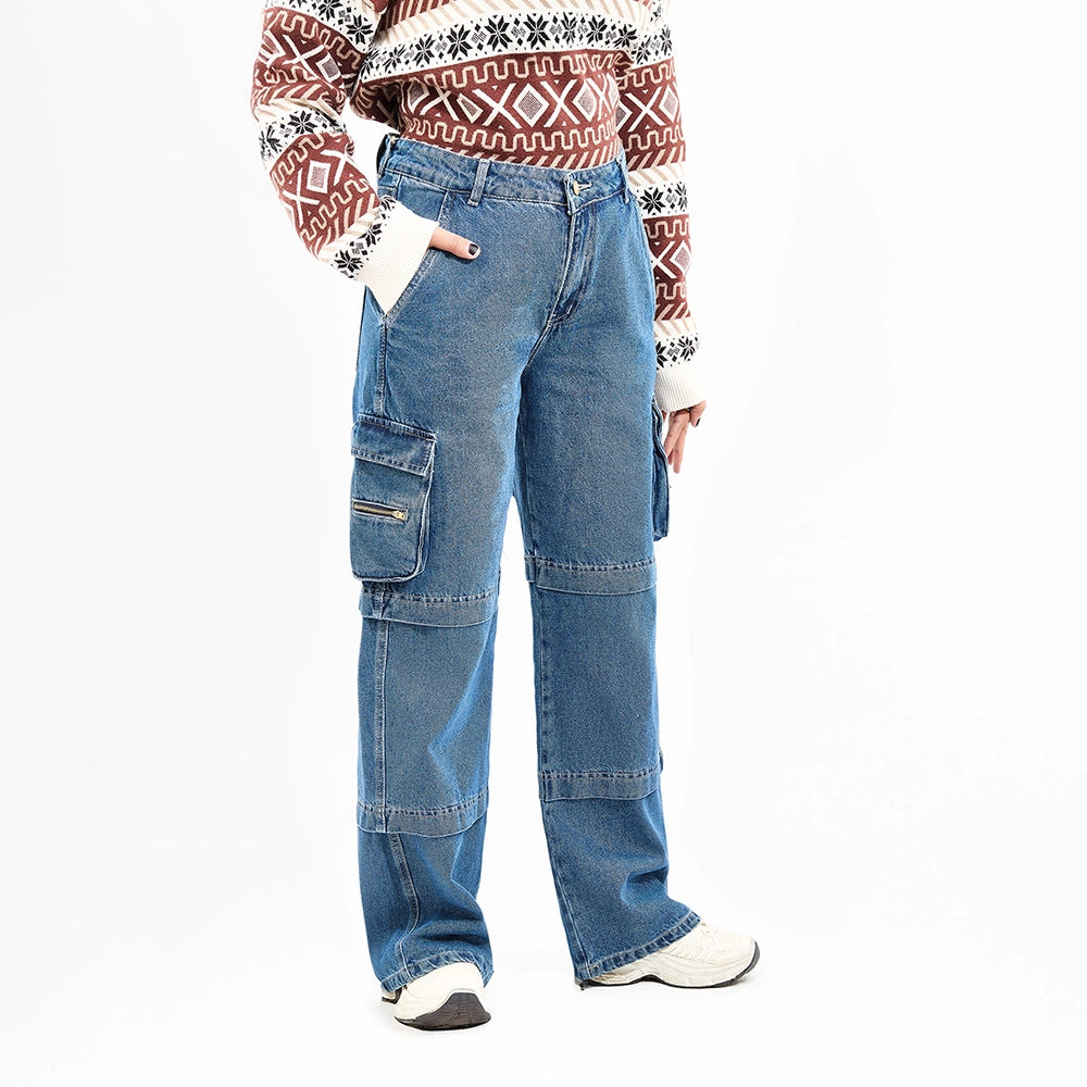 بنطلون وايد ليج حريمي جينز رباعيه قطن 100 % كحلي وسط جميع المواسم من ايجي وير جينز - wlw05-519-medium-blue