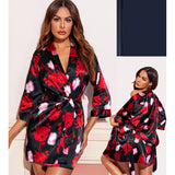 Al Nada Printed Short Robe for Women, Satin - Black